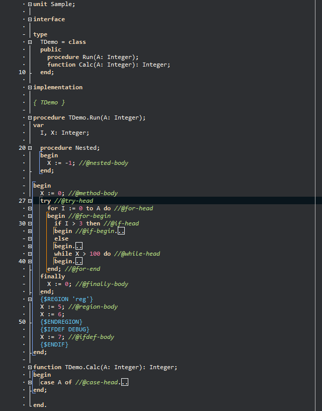 Editor de código do Delphi com uma unit de exemplo: os blocos begin de um if, de um else, de um while e o bloco de um case aparecem dobrados, cada um com uma caixinha depois da primeira linha.
