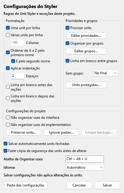 Janela de configurações do Unit Styler: opções de formatação, prioridades e grupos, configurações do projeto, salvamento automático, cópia de segurança, atalho e idioma.